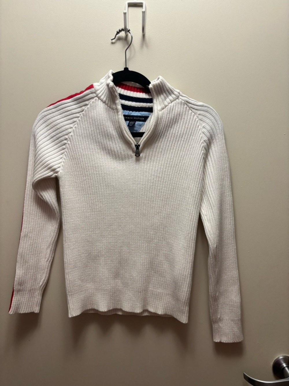 Tommy Hilfiger White Ribbed Quarter-Zip Sweater with Red & Navy Trim